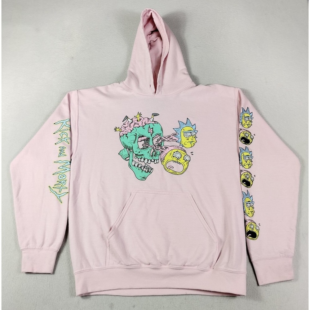 Rick And Morty Hoodie Sweatshirt Mens Medium Pink Graphic Fleece Pullover TV